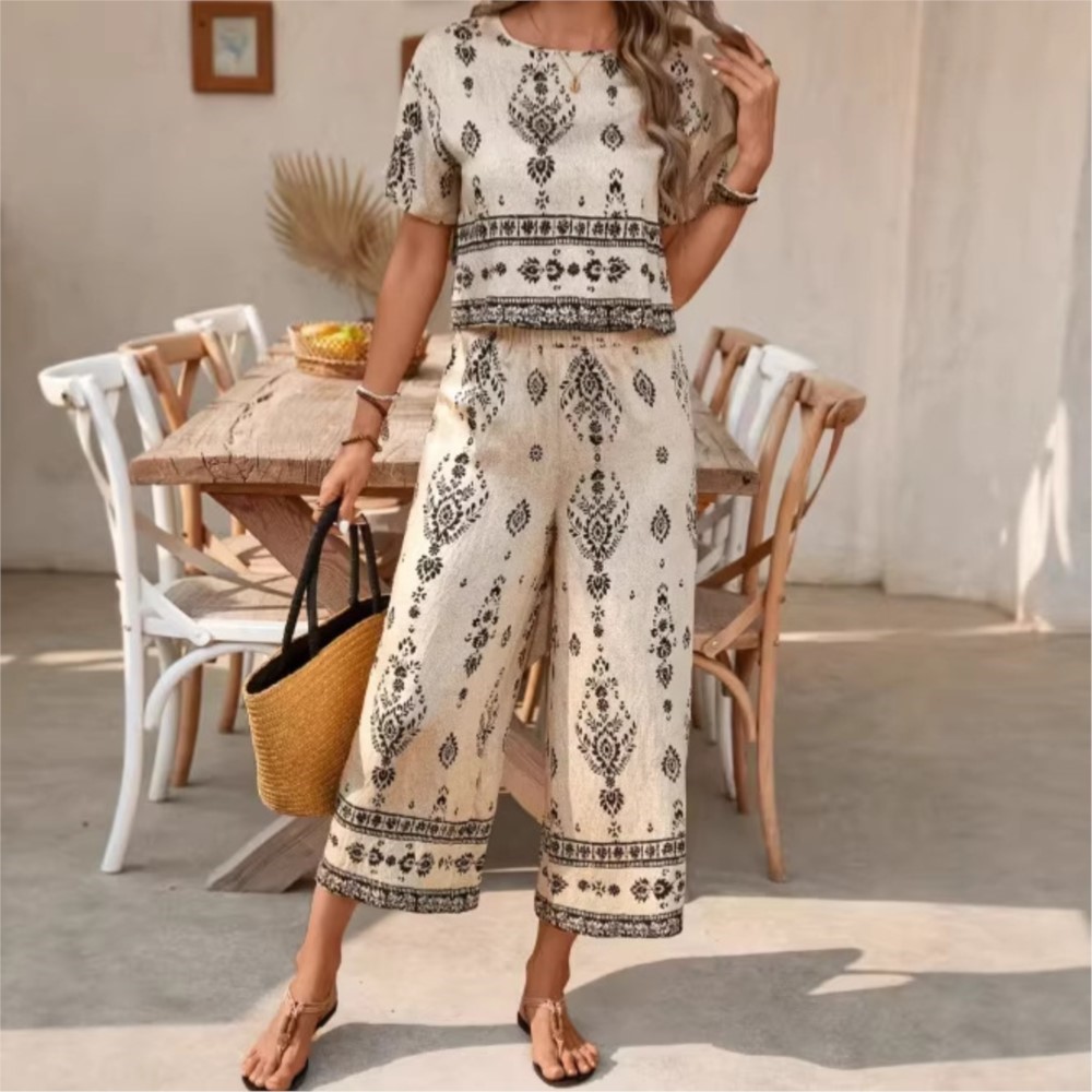 New Ethnic Fashion - ชุดแฟชั่นสไตล์ชาติพันธุ์ลายพิมพ์ย้อนยุค แขนสั้นสำหรับผู้หญิง ชุดลำลองฤดูร้อนใหม่ เรียบง่าย สง่างาม กางเกง