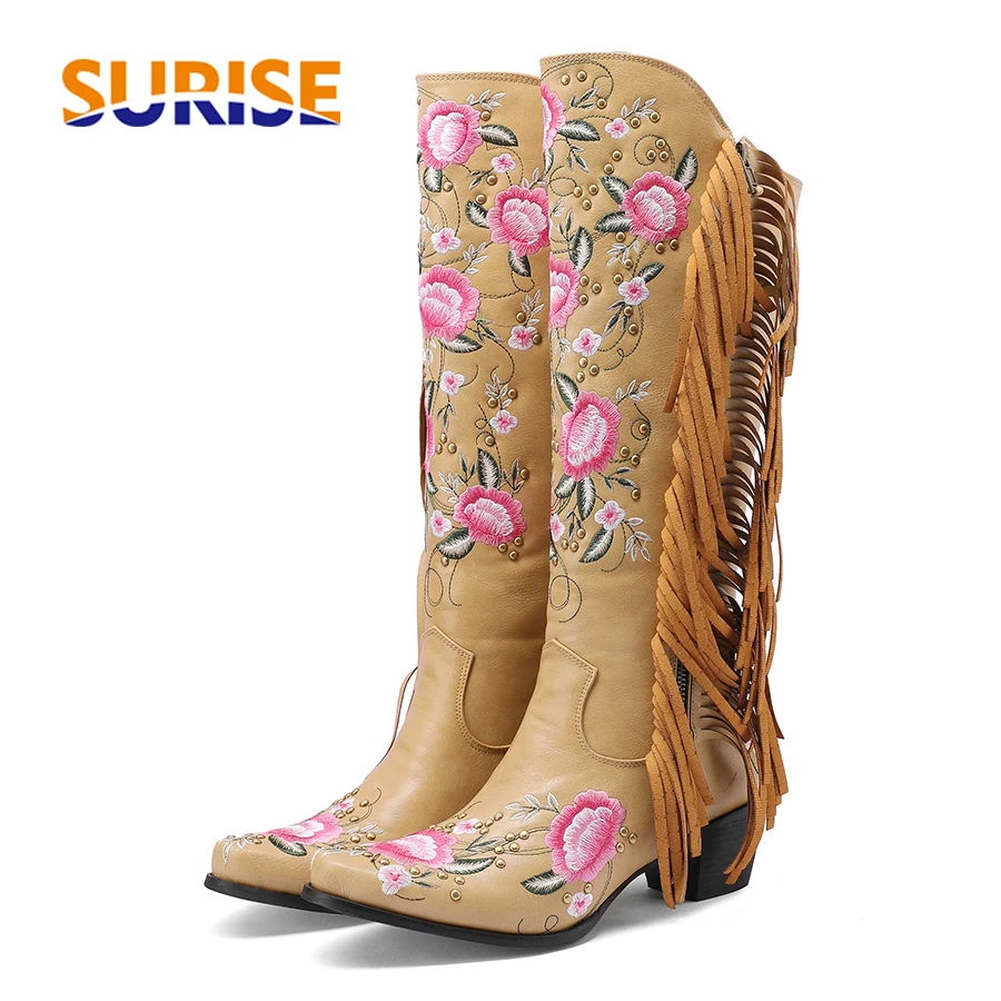 Ethnic Fashion Women - แฟชั่นเย็บปักถักร้อยดอกไม้ Western เข่ารองเท้าบูทสูงผู้หญิง Pointed Toe ส้นสีดําสีน้ําตาลพู่